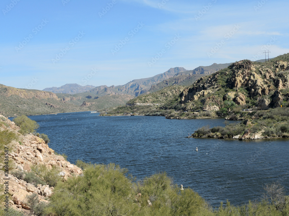 Arizona's Apache Lake in the desert hills near Phoenix. The Lake is a much sought after recreation spot in the desert.