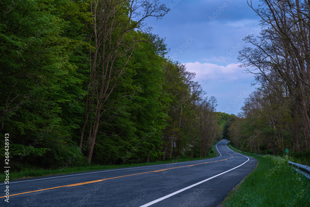 Obraz premium A snake -like route along the Harriman State Park, New York, featuring dramatic sky on the background