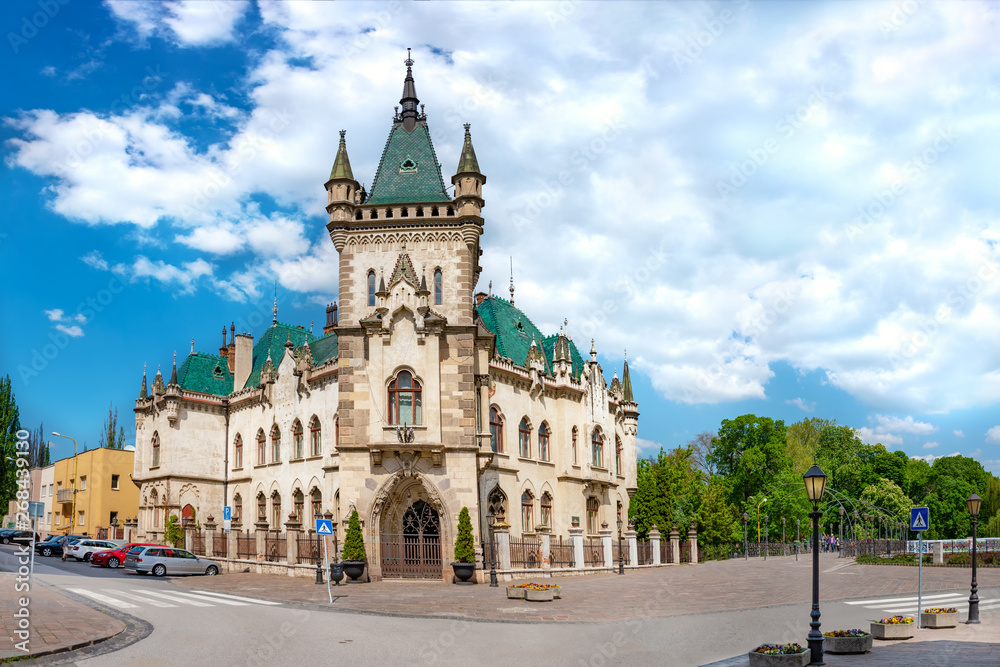 View of neo-gothic Jakab palace with emerald green roof in Old town in Kosice (SLOVAKIA)