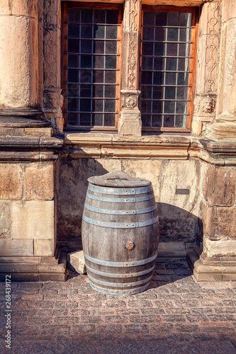 old wooden barrel on the wine yard