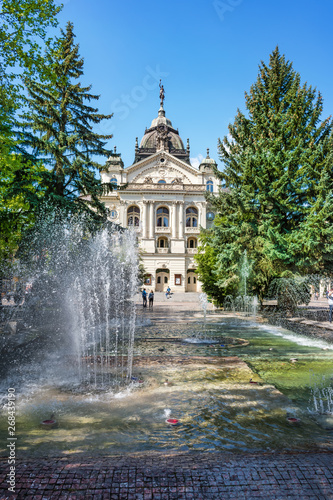 Singing fountain in front of State Theatre at Main square in Kosice (SLOVAKIA)
