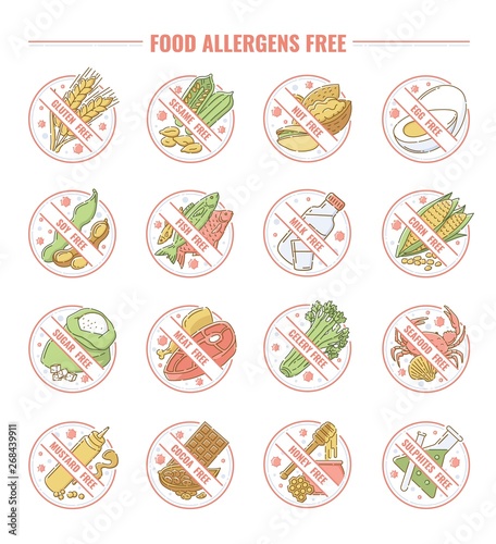 Set of icons and labels for products allergens free with allergies intolerance.