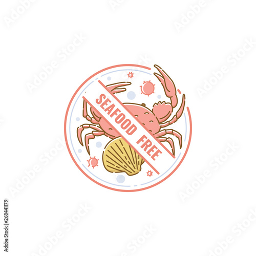 Seafood free icon and label with crab and shell.