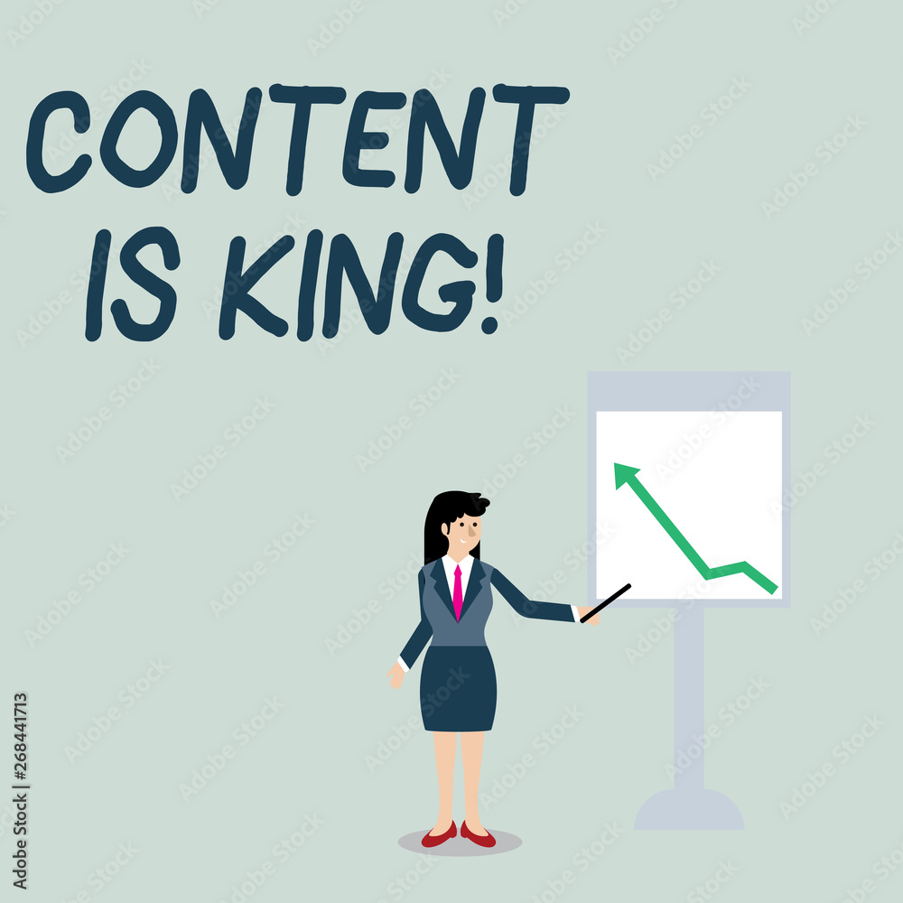 Conceptual hand writing showing Content Is King. Concept meaning marketing focused growing visibility non paid search results Woman Holding Stick Pointing to Chart of Arrow on Whiteboard Conceptual hand writing showing Content Is King. Concept meaning marketing focused growing visibility non paid search results Woman Holding Stick Pointing to Chart of Arrow on Whiteboard