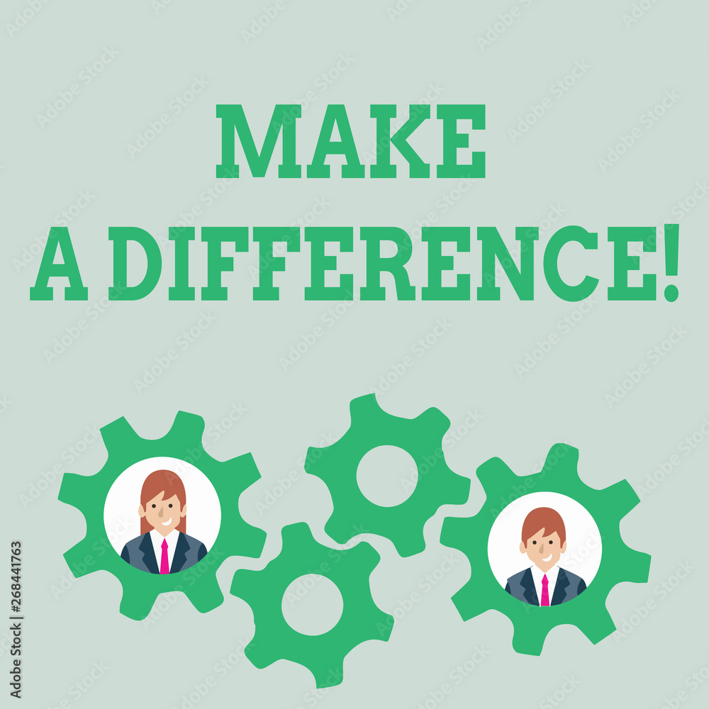 Text sign showing Make A Difference. Business photo text have significant effect or non on demonstrating or situation Two Business People Each Inside Colorful Cog Wheel Gears for Teamwork Event Text sign showing Make A Difference. Business photo text have significant effect or non on demonstrating or situation Two Business People Each Inside Colorful Cog Wheel Gears for Teamwork Event