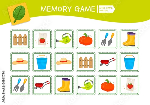 Memory game for preschool children, vector cards with garden equipment. Find two identical picture. Kids activity page for book. 