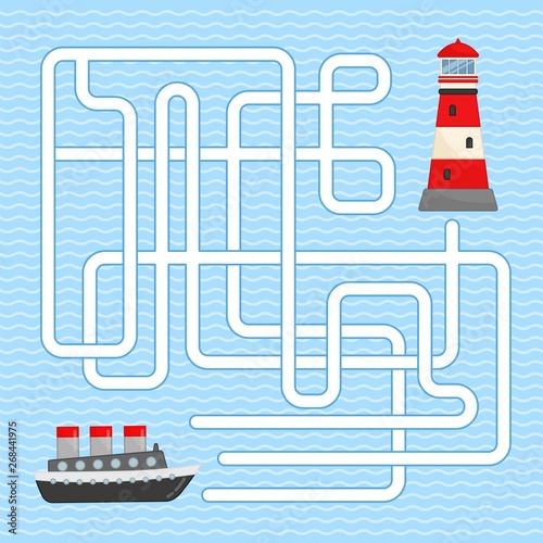 Maze game for children. Help the boat get to the lighthouse.