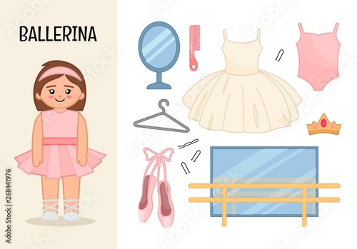 Vector character ballerina. Illustrations of ballet equipment. Set of cartoon professions.