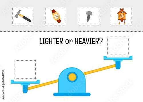 Matching children educational game.  Activity for pre sсhool years kids and toddlers.Material for learning the concept of heavy light.