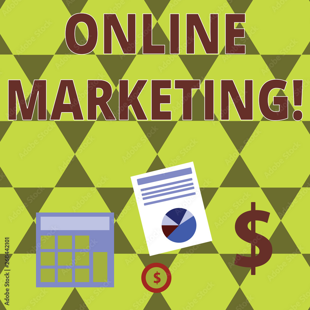 Word writing text Online Marketing. Business photo showcasing leveraging web based channels spread about companys brand Computing Dollar Investment in Gold and Presenting Data thru Pie Chart Graph Word writing text Online Marketing. Business photo showcasing leveraging web based channels spread about companys brand Computing Dollar Investment in Gold and Presenting Data thru Pie Chart Graph