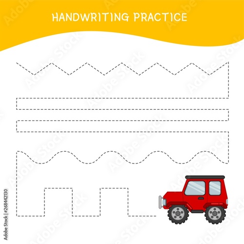 Handwriting practice sheet. Basic writing. Educational game for children.  Cartoon red car.