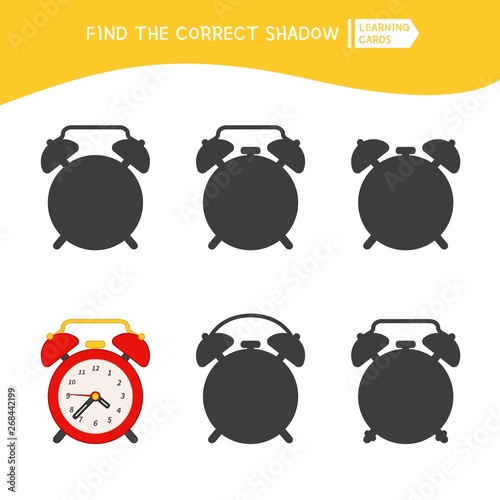 Educational  game for children. Find the right shadow. Kids activity with cartoon red alarm clock.