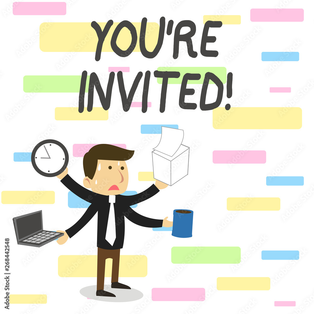 Conceptual hand writing showing You Re Invited. Concept meaning make a polite friendly request to someone go somewhere Conceptual hand writing showing You Re Invited. Concept meaning make a polite friendly request to someone go somewhere