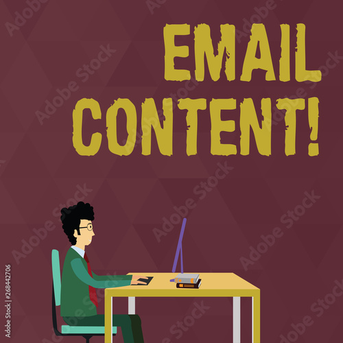 Writing note showing Email Content. Business concept for It is the essence of a communicated message or discourse Businessman Sitting on Chair Working on Computer and Books