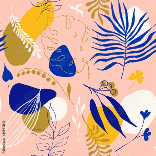 Raster abstract seamless pattern hand paint with colorful spots and plant elements.