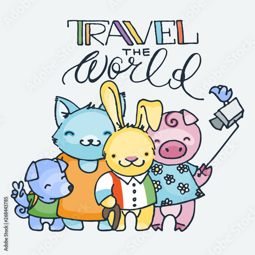 Cute little tourist animals, cartoon hand drawn vector illustration. Cute for baby coloring pages, t-shirt print and other © Drekhann