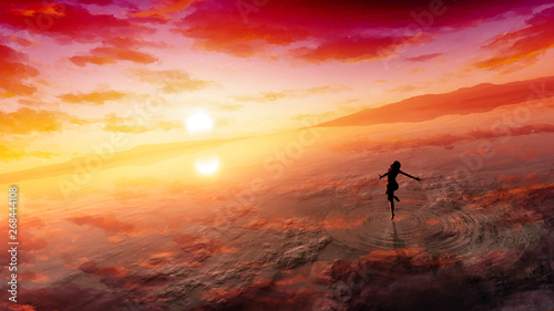 Fototapeta grafika koncepcyjna majestatycznego morza i głębokiego pochmurnego nieba z kobiecą postacią fantasy
