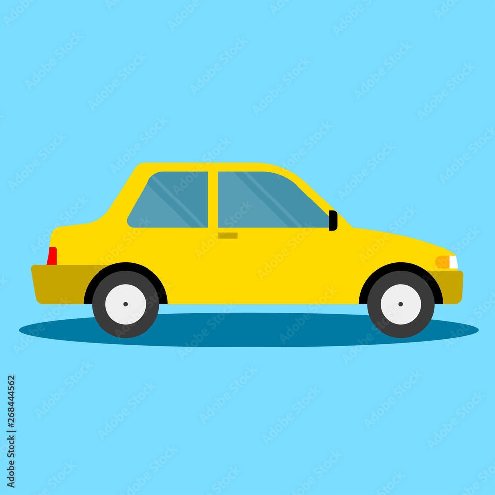 The yellow car illustration on a blue background.