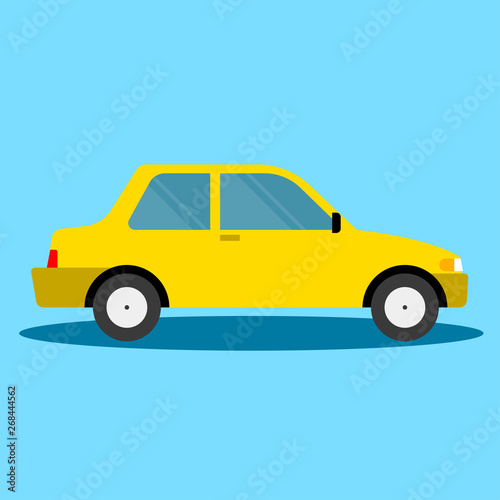 The yellow car illustration on a blue background.