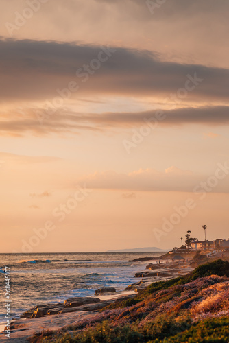 The Pacific Ocean and Windansea Beach at sunset, in La Jolla, San Diego, California