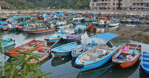 Crowd of small boats in the sea of Cheung chau island © leungchopan