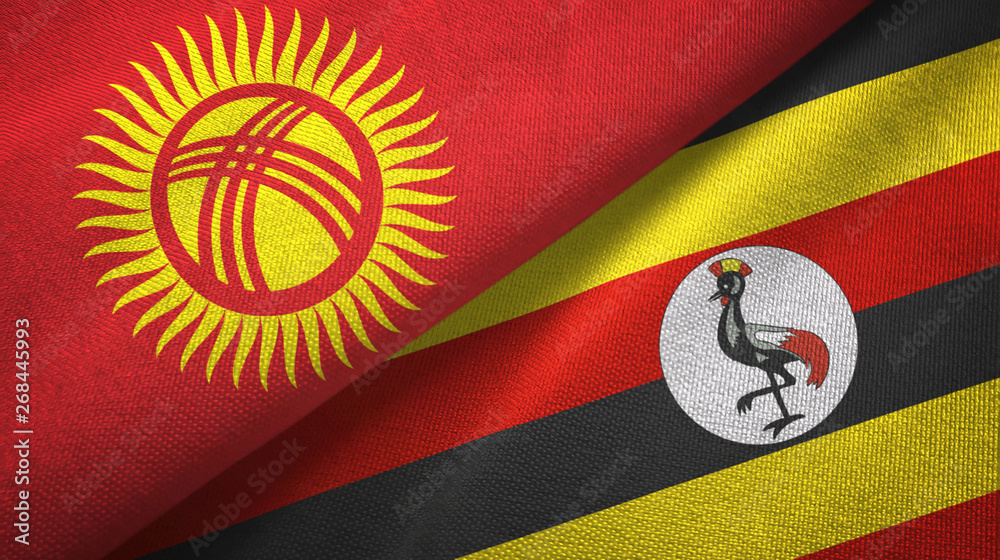 Fototapeta premium Kyrgyzstan and Uganda two flags textile cloth, fabric texture