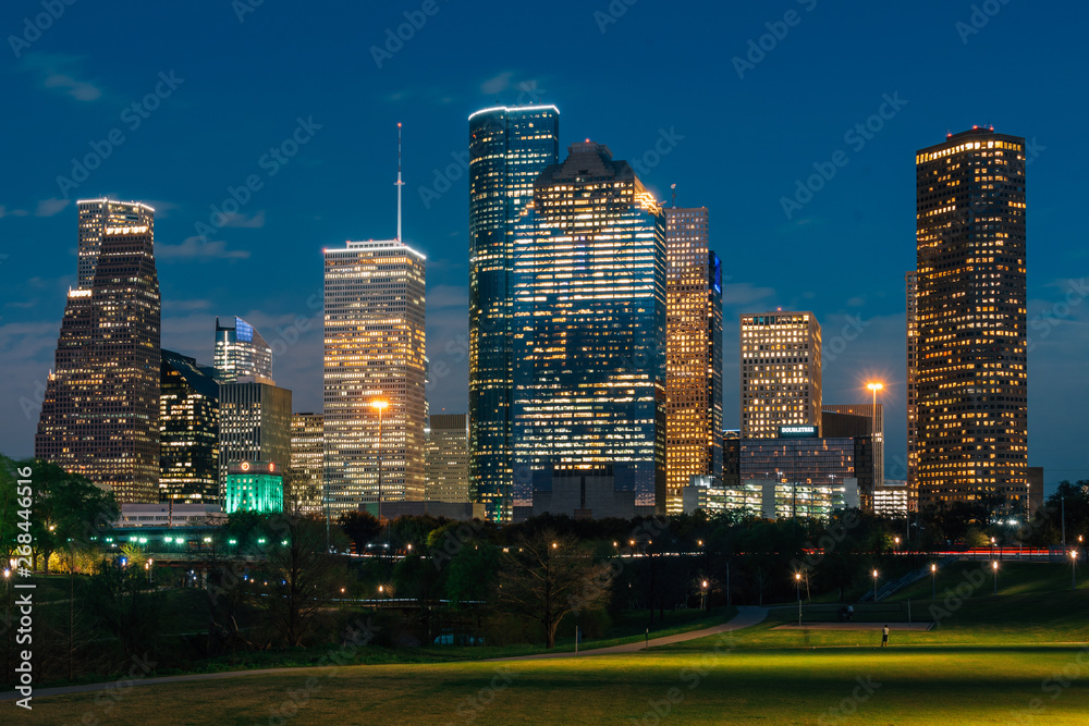 View of the Houston skyline at night from Eleanor Tinsley Park, in Houston, Texas