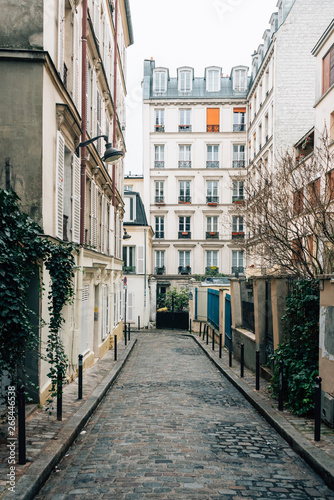 Narrow cobblestone street in Montmartre, Paris, France © jonbilous
