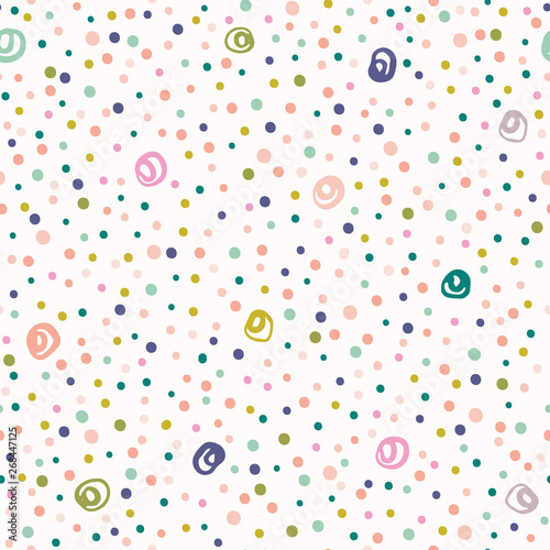 Hand drawn cute polka dot confetti pattern. Summer vector seamless background. Pastel party illustration. Tiny circles home decor, kids fashion all over print. Fresh trendy textile sprinkles swatch.