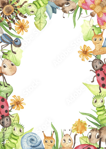 Watercolor rectangular frame with cute cartoon insects. Template with butterflies, ants, snails, dragonflies. Great for baby shower, birthday, invitations, invitation cards, blog,