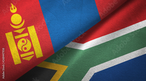 Mongolia and South Africa two flags textile cloth, fabric texture