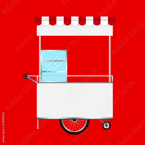 empty kiosk red background, template blank of kiosk wheels cart stock clip art, kiosk empty for design of market and exterior symbol, market food outdoor set, wheels cart kiosk for business small shop