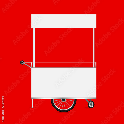 empty kiosk red background, template blank of kiosk wheels cart stock clip art, kiosk empty for design of market and exterior symbol, market food outdoor set, wheels cart kiosk for business small shop