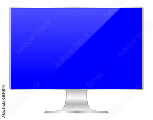 front of flat monitor blue screen computer, pc display digital wide screen and slim, icon of monitor modern lcd, symbol 3d modern screen, mock up full screen desktop empty isolated white background