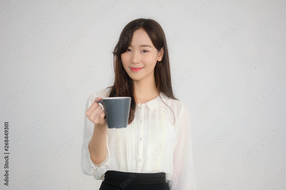 portrait of thai china adult office girl white shirt drinking coffee portrait of thai china adult office girl white shirt drinking coffee