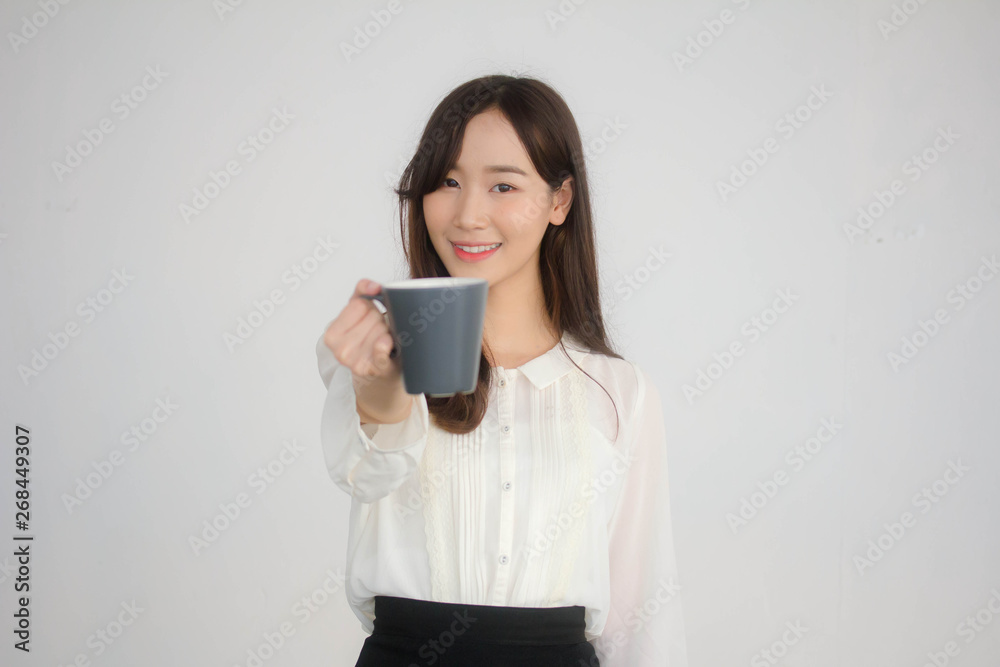 portrait of thai china adult office girl white shirt drinking coffee portrait of thai china adult office girl white shirt drinking coffee