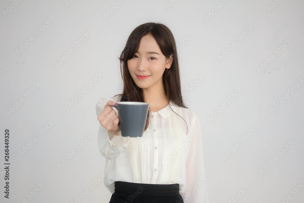 portrait of thai china adult office girl white shirt drinking coffee portrait of thai china adult office girl white shirt drinking coffee
