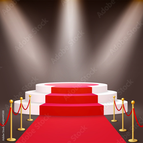 Round podium with red carpet and stanchions illuminated by spotlights 3d vector.
