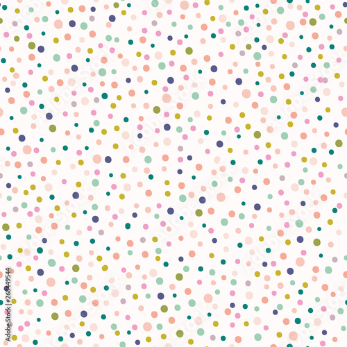 Hand drawn cute polka dot confetti pattern. Summer vector seamless background. Pastel party illustration. Tiny circles home decor, kids fashion all over print. Fresh trendy textile sprinkles swatch.