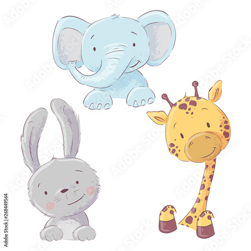 Set of baby elephant bunny and giraffe. Cartoon style. Vector