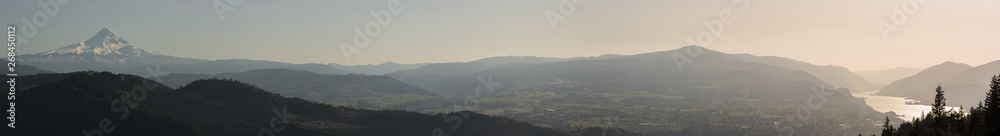 Panorama landscape image of Oregon's Columbia River Gorge and Mt Hood