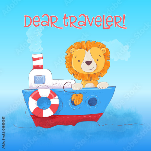 Postcard cute lion cub floats on the boat. Cartoon style. Vector