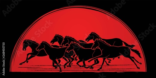 Group of seven Horses running cartoon graphic  vector