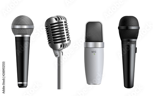 Set of microphones the concert and studio equipment item 3d vector isolated.