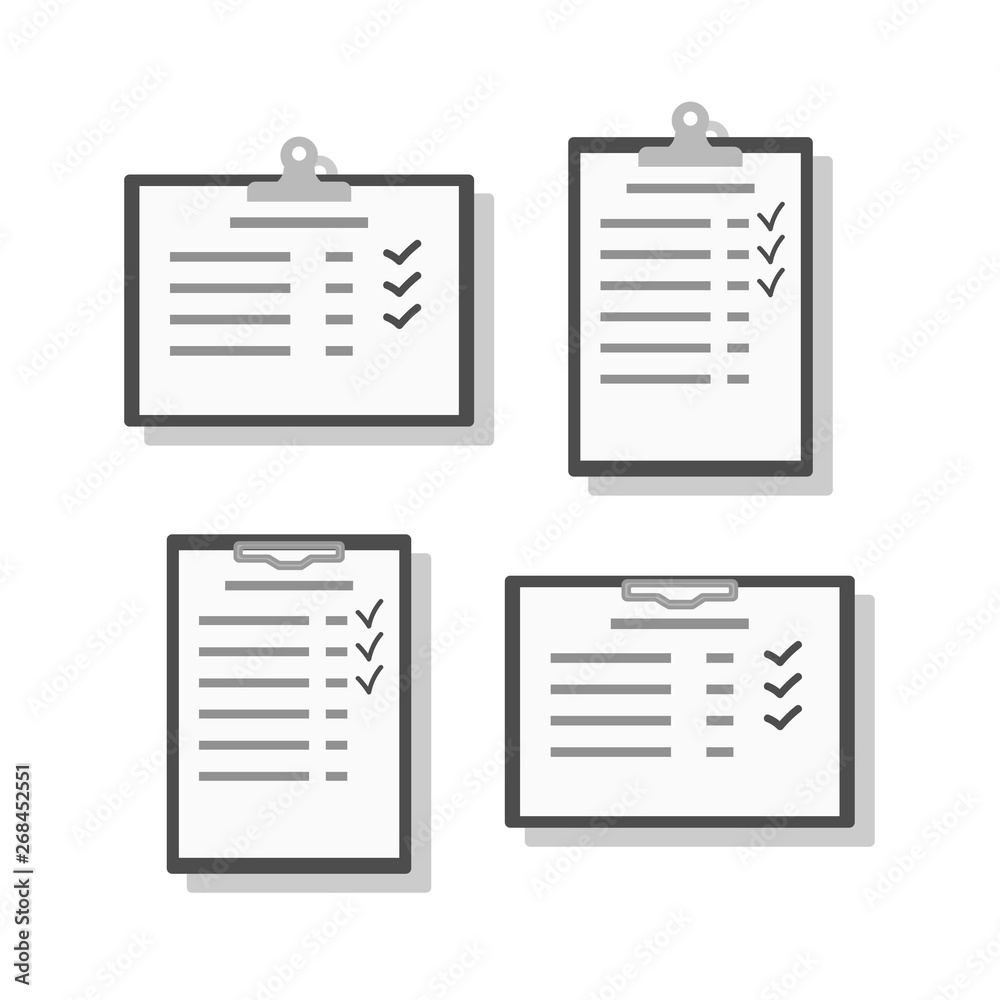Set of checklists on a hard folder with a holder. Vector illustration Set of checklists on a hard folder with a holder. Vector illustration