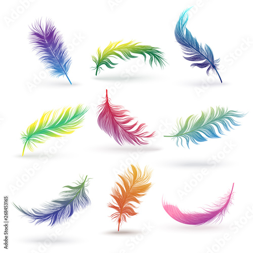 WebSet of isolated bird feathers, colorful fluffy quills in rainbow color gradients