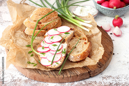 Homemade bread sandwich with cheese and radish