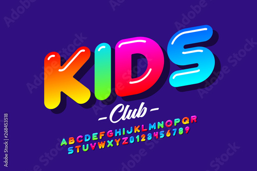 Colorful kids style font, alphabet letters and numbers