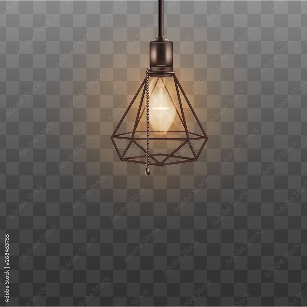 Loft style ceiling lamp for hipster interior design. Realistic black designer lampshade in triangle diamond shape
