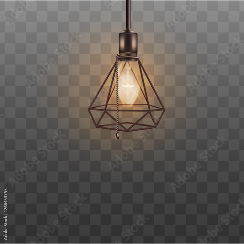 Loft style ceiling lamp for hipster interior design. Realistic black designer lampshade in triangle diamond shape